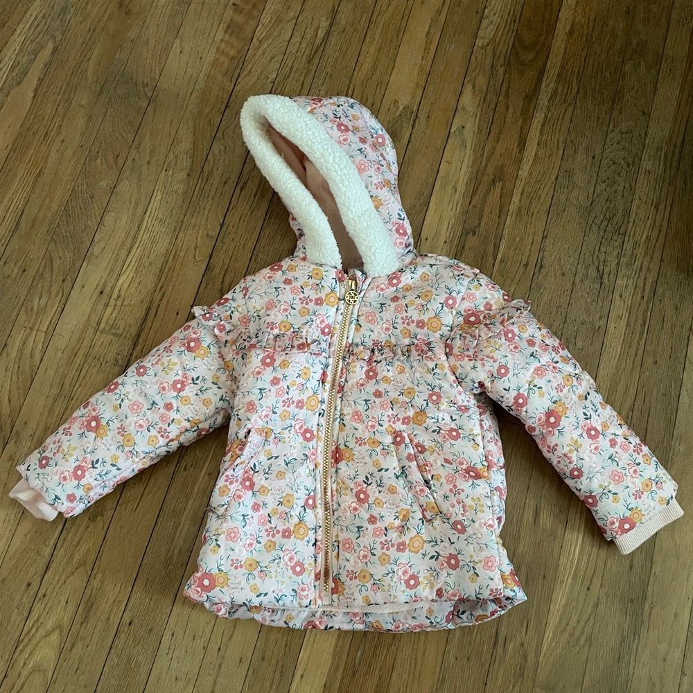 Nicole Miller Floral Kids Puffer Jacket - Pink and White